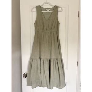 Rachel Zoe Dress Small Green Cotton Gauze Tiered Midi Sleeveless Pockets Boho